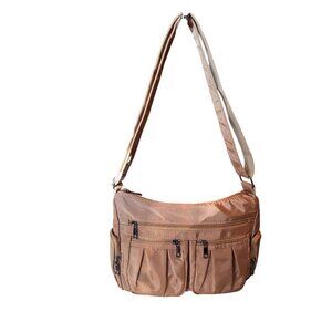 Nylon Shoulder Bag With Multiple Zipper Pockets & Adjustable Strap In Tan